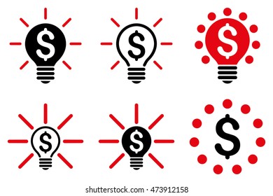 Financial Idea Bulb vector icons. Pictogram style is bicolor intensive red and black flat icons with rounded angles on a white background.