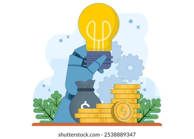 Conceito de ideia financeira, Lâmpada com pilha de moedas de ouro, lâmpada e moedas de dólar, simboliza ideias inovadoras, crescimento financeiro e estratégias de negócios bem-sucedidas.