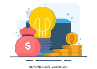 Concepto de idea financiera, bombilla con pila de monedas de oro, bombilla y monedas de dólar, simboliza ideas innovadoras, crecimiento financiero y estrategias comerciales exitosas. Ilustración vectorial plana.