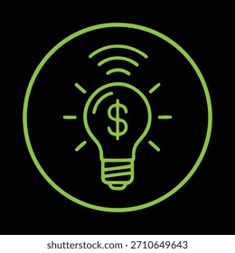 Icono de generación de ideas financieras con una bombilla que contiene un signo de dólar y una moneda.