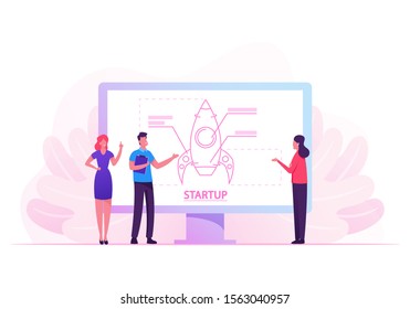 Financial Idea Planning Strategy, Management, Realization and Success. Businesspeople Launching Business Project Startup on Huge Screen. Creative Team Rocket Launch. Cartoon Flat Vector Illustration