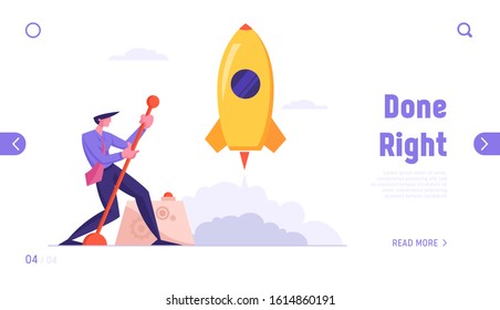 Financial Idea Start Up Realization and Success Website Landing Page. Businessman Launching Business Project Space Ship Startup with Huge Lever Arm Web Page Banner. Cartoon Flat Vector Illustration