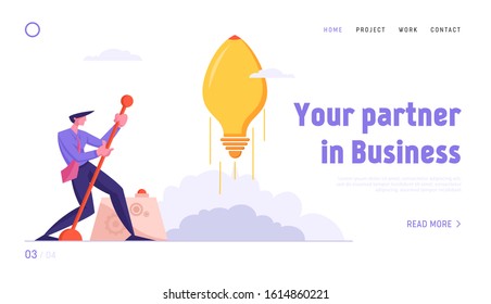 Financial Idea Strategy Realization Website Landing Page. Businessman Launch Light Bulb in Shape of Rocket Push Lever Arm, Business Project Startup Web Page Banner. Cartoon Flat Vector Illustration
