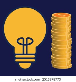 Ideias financeiras conceito vetor banner design ilustração com lâmpada de luz e dolor pilha de moedas em um fundo azul quadrado.