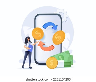 Financial illustration 3D cartoon style illustration. Character paying online and receiving bonus money or reward back on credit card. Cashback, financial savings money exchange 3D Vector illustration