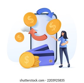 Financial illustration 3D. Investments. Characters paying online receiving bonus money or reward back on credit card. Cashback, financial savings money exchange concept. 3D render Vector illustration