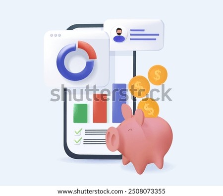 Financial illustration in 3D style set. Investing money in stock market. People analyzing financial graphs, charts and diagrams and other data. Stock trading concept. Vector illustration 3D cartoon