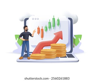 Financial illustration 3D vector. Characters investing money in stock market. People analyzing financial graphs, latest stock market news and other data. Stock trading concept. Vector illustration