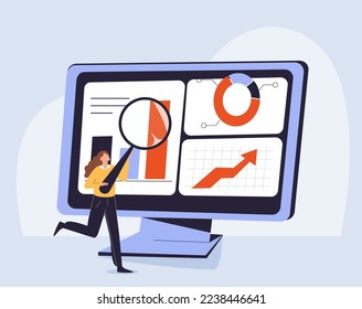 Ilustración financiera. Caracteres que invierten dinero en el mercado de valores. Personas analizando gráficos, gráficos y diagramas financieros y otros datos. Concepto de comercio de valores. Ilustración del vector