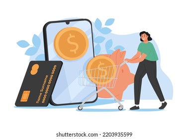 Financial illustration. Characters paying online and receiving bonus money or reward back on credit card.