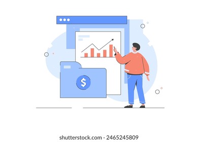 Concepto de ilustración financiera. Invertir dinero en el mercado de valores. Analizando gráficos financieros, datos. Ilustración vectorial plana de dibujos animados 