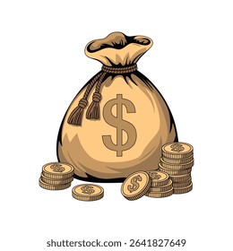 Financial illustration featuring a money bag with dollar sign and stacks of golden coins on white