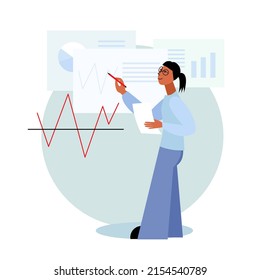 Financial illustration. Girl shows graphs, charts. Financial analytics. Vector illustration.