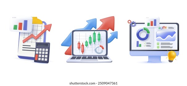 Ilustração financeira definida no estilo 3D. Investir dinheiro no mercado de ações. Analisar gráficos financeiros, gráficos e diagramas e outros dados. Conceito de negociação de ações. Ilustração vetorial