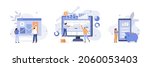 Financial illustration set. Characters investing money in stock market. People analyzing financial graphs, charts and diagrams and other data. Stock trading concept. Vector illustration.
