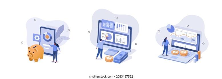 Financial illustration set. Characters investing money in stock market and saving money. People analyzing financial graphs, charts, diagrams and other data. Stock trading concept. Vector illustration.