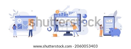 Financial illustration set. Characters investing money in stock market. People analyzing financial graphs, charts and diagrams and other data. Stock trading concept. Vector illustration.