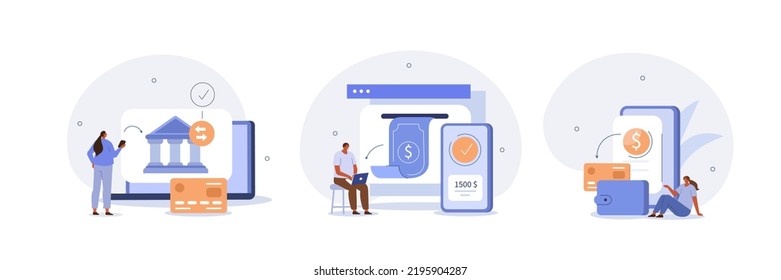 
Ilustración financiera. Los personajes de la banca electrónica en línea transfieren fondos electrónicos de banco a banco. El concepto de enviar y recibir dinero. Ilustración vectorial.