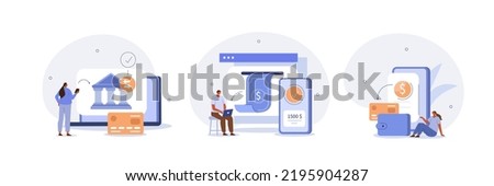 
Financial illustration set. Characters in online internet banking transfer electronic funds from bank to bank. Sending and receiving money concept. Vector illustration.