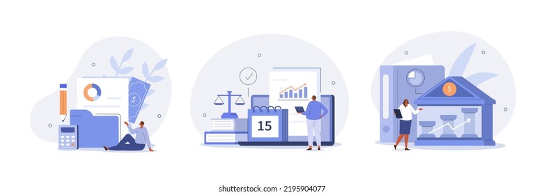 
Financial illustration set. Lawyers working with public finance, tax law and other economics branches. Government spending, revenue and taxation concept. Vector illustration.
