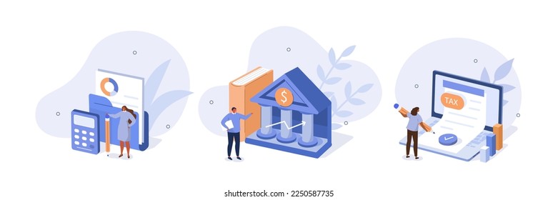 Financial illustration set. Lawyers working with public finance, tax law and other economics branches. Government spending, subsidy and taxation concept. Vector illustration.