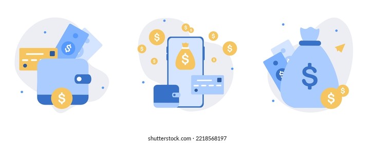 Financial illustration set. Saving money in cash, credit card or savings in bank accounts. Payment transactions, transfer, e-wallet, finance management and savings concept. Flat vector illustration.