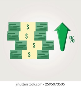 A financial illustration showing stacked dollar bills with an upward arrow and percentage sign, symbolizing economic growth, revenue increase, and profit success.