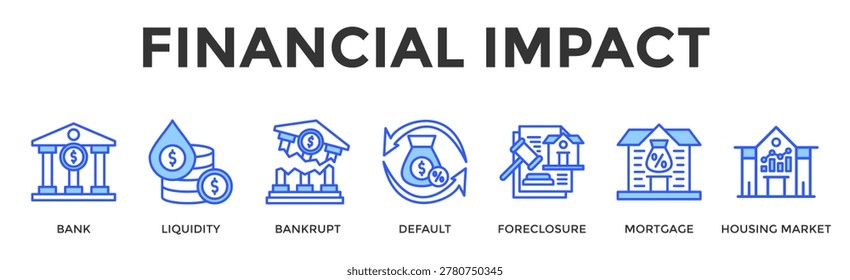 Financial Impact Banner Web Icon Set Collection Pack Vector Illustration Concept Containing Bank, Liquidity, Bankrupt, Default, Foreclosure, Mortgage, Housing Market