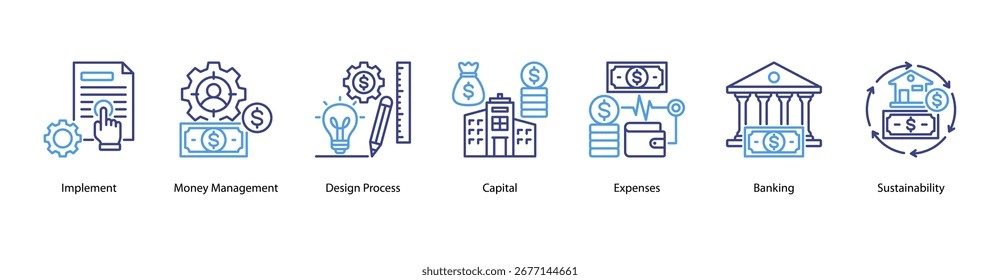 Ilustração do vetor de banner da Web da Implementação Financeira com Implementação, Gerenciamento de Dinheiro, Processo de Design, Capital, Despesas, Bancário e Sustentabilidade.