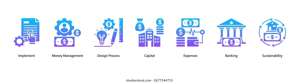 Financial Implementation web banner vector illustration featuring Implement, Money Management, Design Process, Capital, Expenses, Banking, and Sustainability.