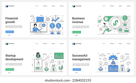 Financial income growth, startup development, audit and administration, success management set vector illustration. Cartoon tiny people research growing graph of revenue, employees analyzing data