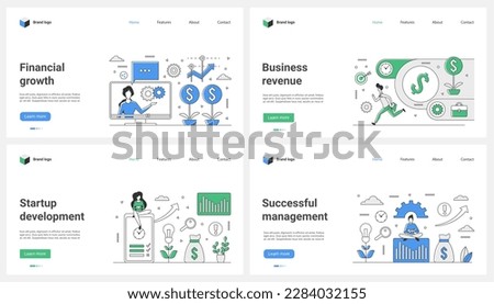 Financial income growth, startup development, audit and administration, success management set vector illustration. Cartoon tiny people research growing graph of revenue, employees analyzing data