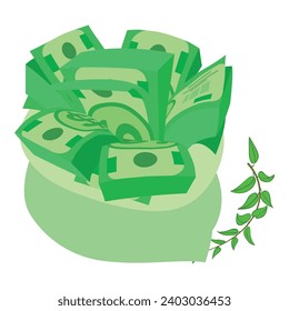 Icono de ingreso financiero vector isométrico. Bolsa con billete de un dólar cerca de una rama verde. Concepto financiero, beneficios, ganancias