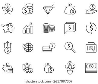 Financial Income line icon set. Piggy bank, business income, loan. Money payments elements outline icons collection. Contain symbol of safe, global market, auction, crowd funding, start up. 