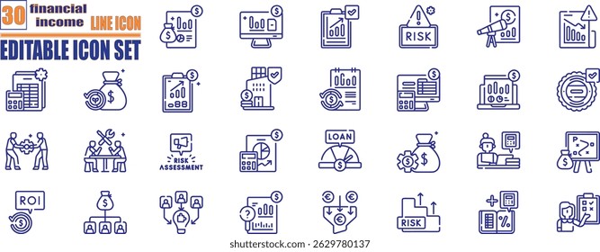  financial income line icon set set of outline . Money income, money savings, earnings, money, cash, investment, financial growth and more.