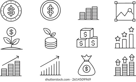 Financial Income outline icon set. Set of outline icons related to income, profit, salary, money growth and others. Financial Income outline icons collection