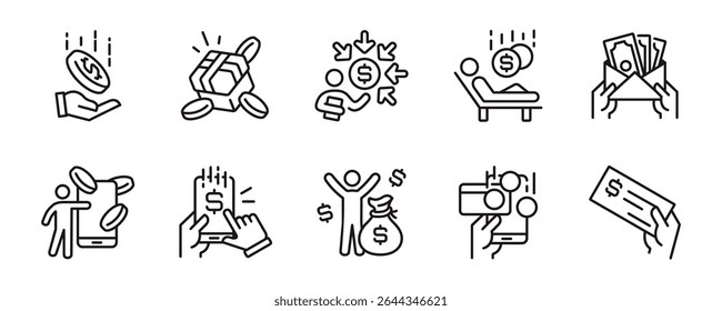financial income people hand holding money salary icon line set business profit earning success growth investment signs vector outline illustration