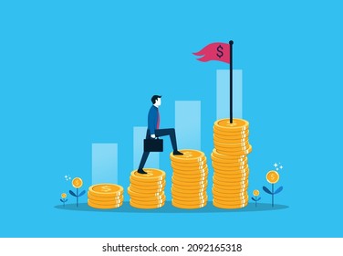 Financial Increase Goal, Wealth Management And Investment Plan To Achieve Target. Businessman Step Climbing Money Coin Stack Aiming To Achieve Target Flag On Top.