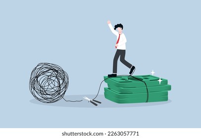 Financial independence, ability to support oneself without relying on others or job through sufficient wealth, FIRE concept, Businessman celebrating after cutting tangled line from pile of money.