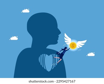 Financial and independence concept. Businesswoman flew away from the heart with a coin. vector illustration