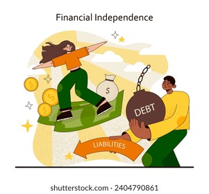 Financial Independence concept. Overcoming debt and embracing savings for monetary freedom. Path to fiscal self-sufficiency illustrated. Flat vector illustration.