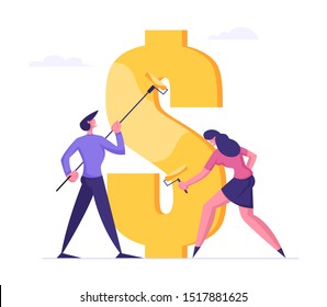 Financial Independence, Creation of Capital and Wealth Concept. Businesspeople with Rollers Painting Huge Dollar Sign with Gold Dye. Profit Saving and Increasing Money. Flat Vector Illustration