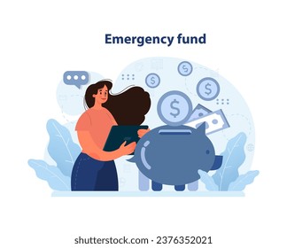 Financial independence, FIRE concept. Money savings for emergency fund. Young woman saving money in piggy bank. Personal budget planning and financial well-being. Flat vector illustration