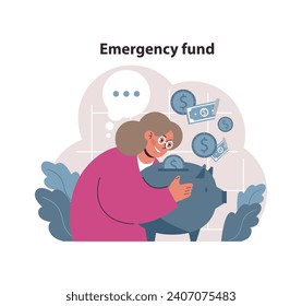 Financial independence, FIRE concept. Money savings for emergency fund. Senior woman saving money in piggy bank. Personal budget planning and financial well-being. Flat vector illustration
