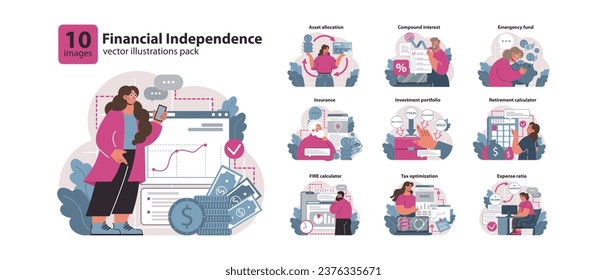 Financial independence, FIRE concept set. Money savings and investment for early retirement. Financial literacy and personal budget development. Assets management. Flat vector illustration