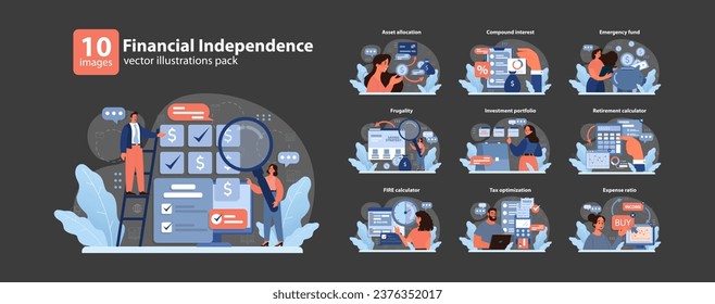 Financial independence, FIRE concept set. Money savings and investment for early retirement. Financial literacy and personal budget development. Assets management. Flat vector illustration