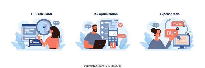Financial independence, FIRE concept set. Money savings and investment for early retirement. Financial literacy and personal budget development. Assets management. Flat vector illustration