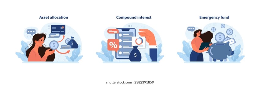 Independencia financiera, conjunto de conceptos de INCENDIO. Ahorro de dinero e inversión para la jubilación anticipada. Alfabetización financiera y desarrollo del presupuesto personal. Gestión de activos. Ilustración vectorial plana