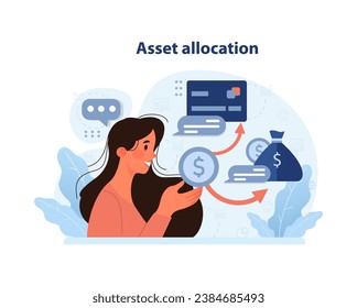 Financial independence, FIRE concept. Young woman allocate her budget. Money savings and investment for early retirement. Financial literacy and personal budget development. Flat vector illustration