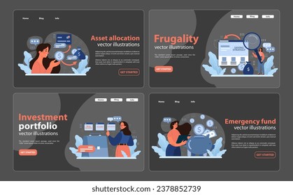 Financial independence, FIRE night or dark mode web banner or landing page set. Money savings and investment for early retirement. Financial literacy. Flat vector illustration